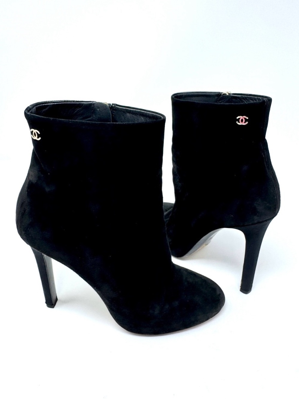 Chanel Interlocking CC Black Suede High Heel Ankle Booties with Silver CC Logo